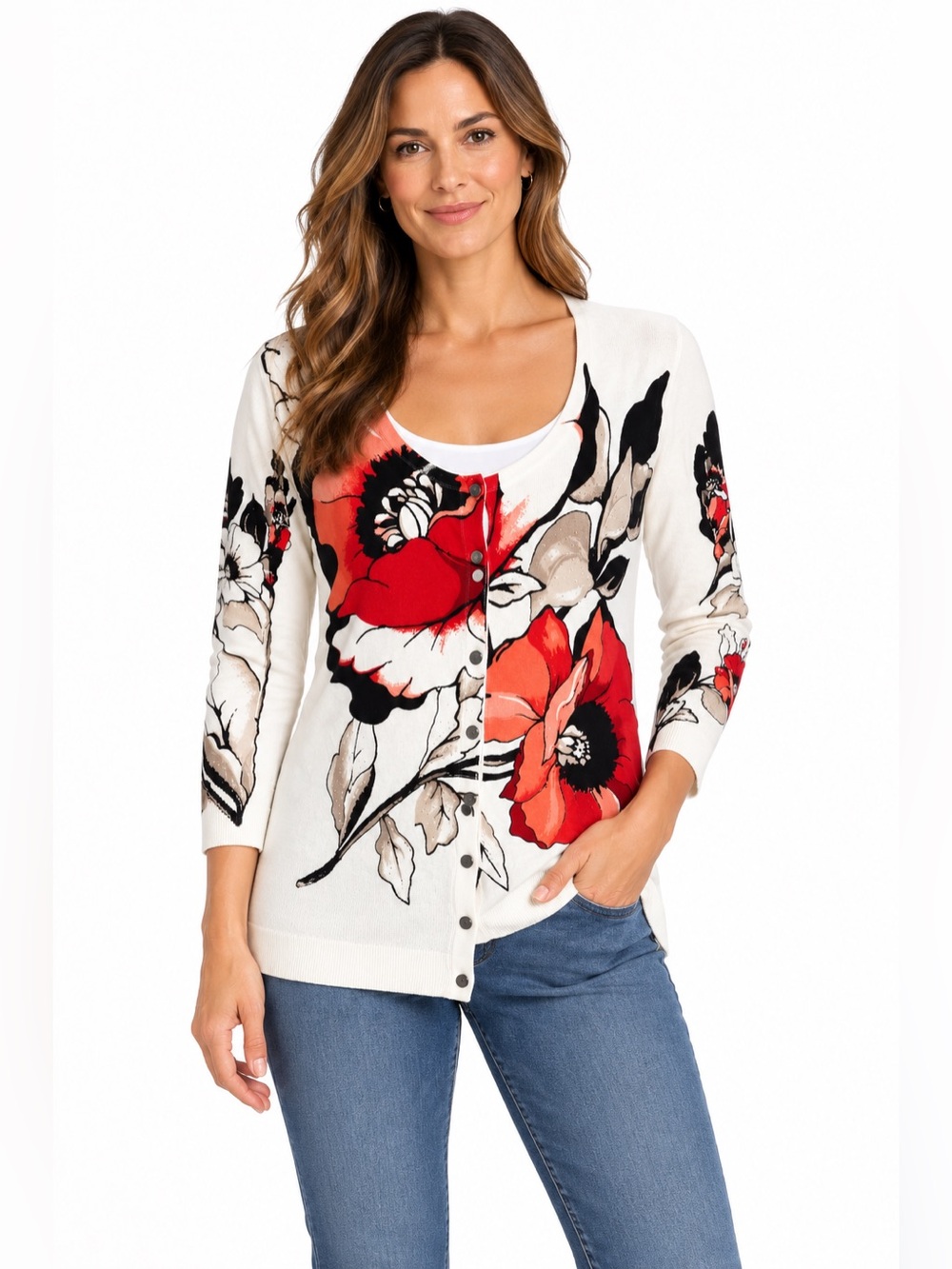 White House Black Market Cardigan Womens XL Floral Poppy Print Button Sweater